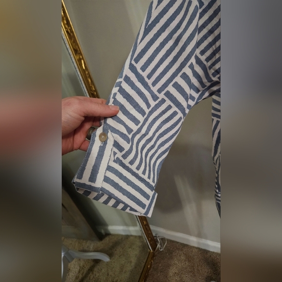 LIOR PARIS Blue/White BANDED COLLARNECK 3/4 ROLL TAB SLEEVE BLOUSE.FRIDA. Size S - Picture 6 of 11